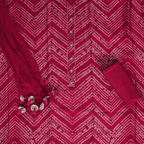 Cherry Shibori Unstitched Muslin Jaipuri Salwar Suit With Chiffon Dupatta