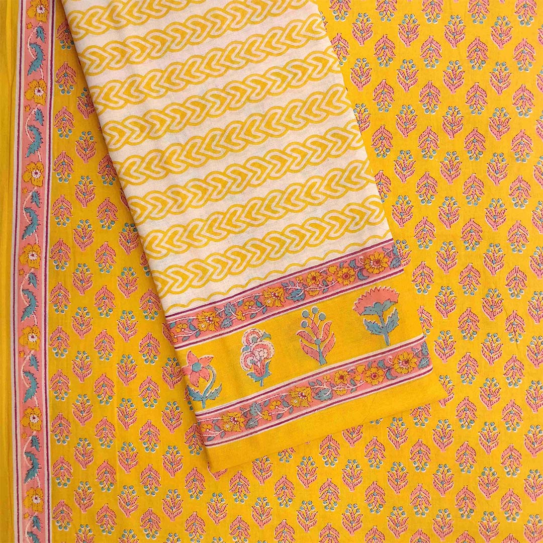 Chicory Yellow Unstitched Cotton Salwar Suit With Malmal Dupatta