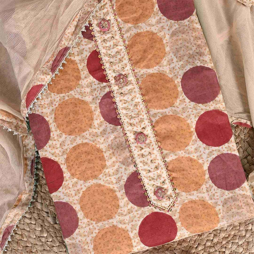 Coconut Beige Dots Cotton Unstitched Jaipuri Suit Set With Chiffon Dupatta