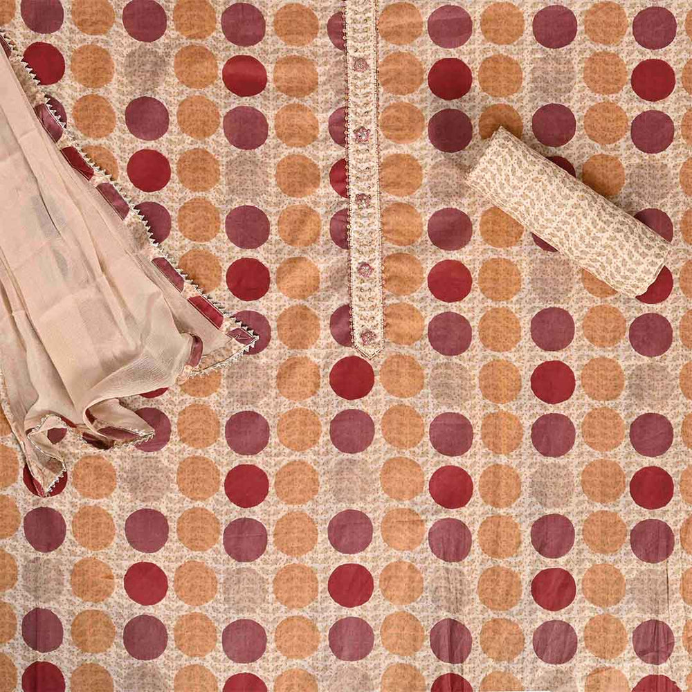 Coconut Beige Dots Cotton Unstitched Jaipuri Suit Set With Chiffon Dupatta