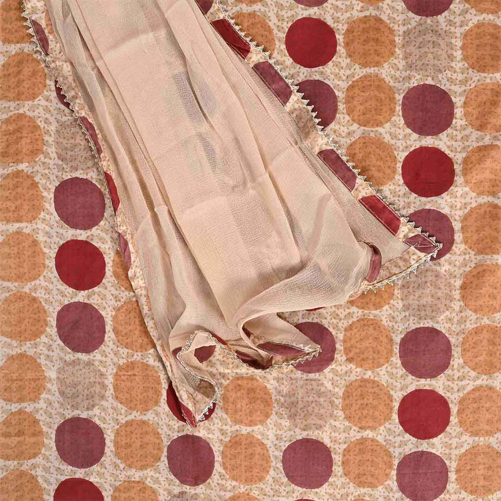 Coconut Beige Dots Cotton Unstitched Jaipuri Suit Set With Chiffon Dupatta