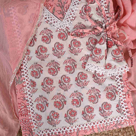 Coral Peach Pantone Cotton Unstitched Jaipuri Suit Set With Chiffon Dupatta