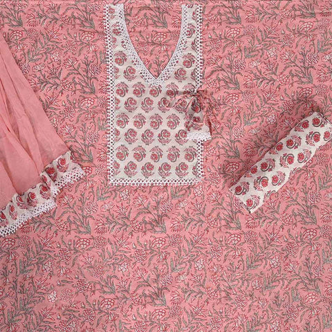 Coral Peach Pantone Cotton Unstitched Jaipuri Suit Set With Chiffon Dupatta