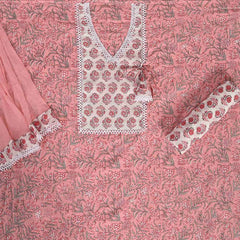 Coral Peach Pantone Cotton Unstitched Jaipuri Suit Set With Chiffon Dupatta