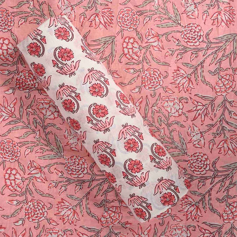Coral Peach Pantone Cotton Unstitched Jaipuri Suit Set With Chiffon Dupatta