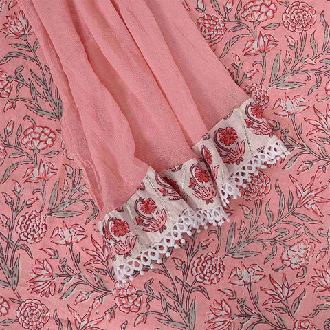 Coral Peach Pantone Cotton Unstitched Jaipuri Suit Set With Chiffon Dupatta