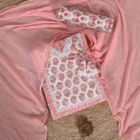 Coral Peach Pantone Cotton Unstitched Jaipuri Suit Set With Chiffon Dupatta