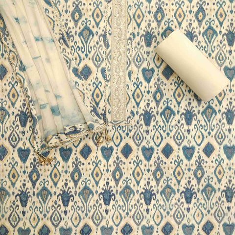 Cream Ikat Print Unstitched Cotton Salwar Suit With Chiffon Dupatta