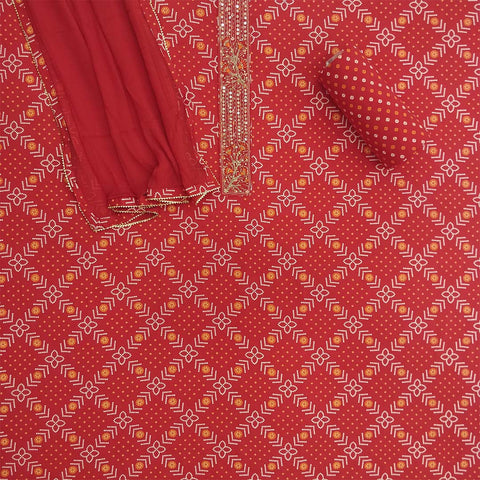 Crimson Rai Bandhej Unstitched Cotton Jaipuri Suit Set With Chiffon Dupatta