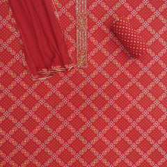 Crimson Rai Bandhej Unstitched Cotton Jaipuri Suit Set With Chiffon Dupatta
