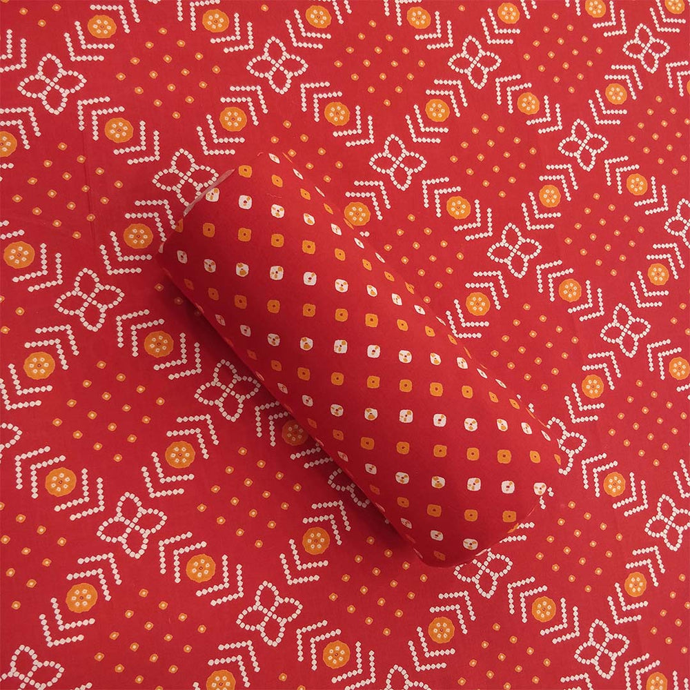 Crimson Rai Bandhej Unstitched Cotton Jaipuri Suit Set With Chiffon Dupatta