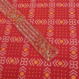 Crimson Rai Bandhej Unstitched Cotton Jaipuri Suit Set With Chiffon Dupatta