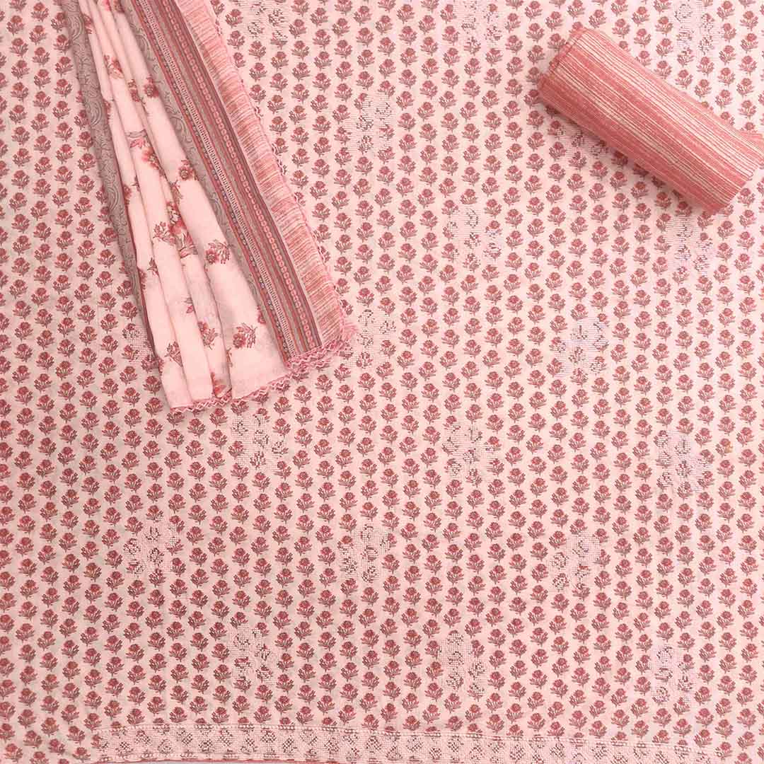 Cross Stich Pink Embroidery Unstitched Cotton Rajasthani Salwar Suit With Malmal Dupatta