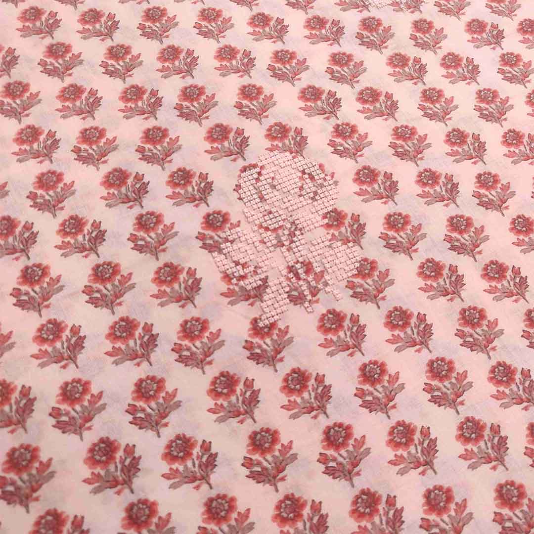 Cross Stich Pink Embroidery Unstitched Cotton Rajasthani Salwar Suit With Malmal Dupatta