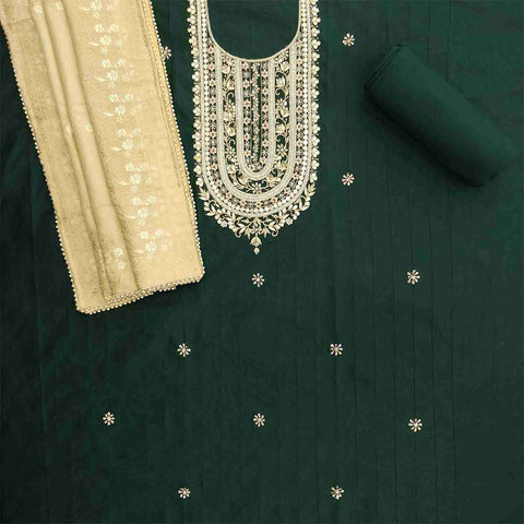 Dark Green Unstitched Chanderi Salwar Suit With Dola Silk Dupatta