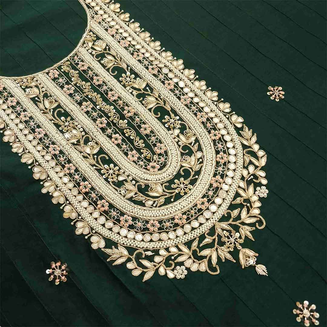 Dark Green Unstitched Chanderi Salwar Suit With Dola Silk Dupatta
