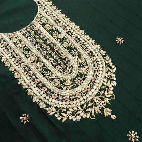 Dark Green Unstitched Chanderi Salwar Suit With Dola Silk Dupatta