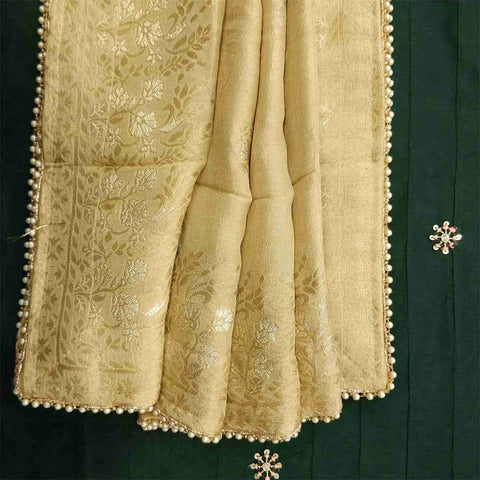 Dark Green Unstitched Chanderi Salwar Suit With Dola Silk Dupatta