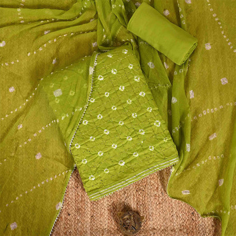 Dark Leaf Green Bandhej Unstitched Cotton Jaipuri Salwar Suit With Chiffon Dupatta