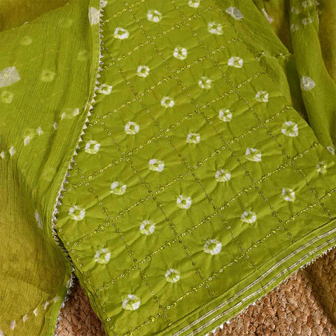 Dark Leaf Green Bandhej Unstitched Cotton Jaipuri Salwar Suit With Chiffon Dupatta