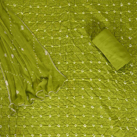 Dark Leaf Green Bandhej Unstitched Cotton Jaipuri Salwar Suit With Chiffon Dupatta