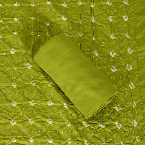 Dark Leaf Green Bandhej Unstitched Cotton Jaipuri Salwar Suit With Chiffon Dupatta