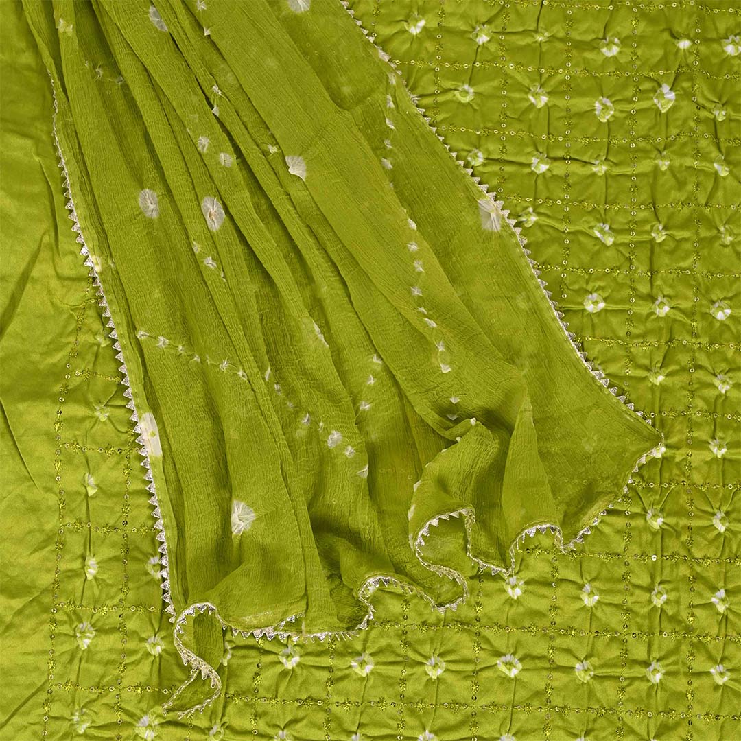 Dark Leaf Green Bandhej Unstitched Cotton Jaipuri Salwar Suit With Chiffon Dupatta