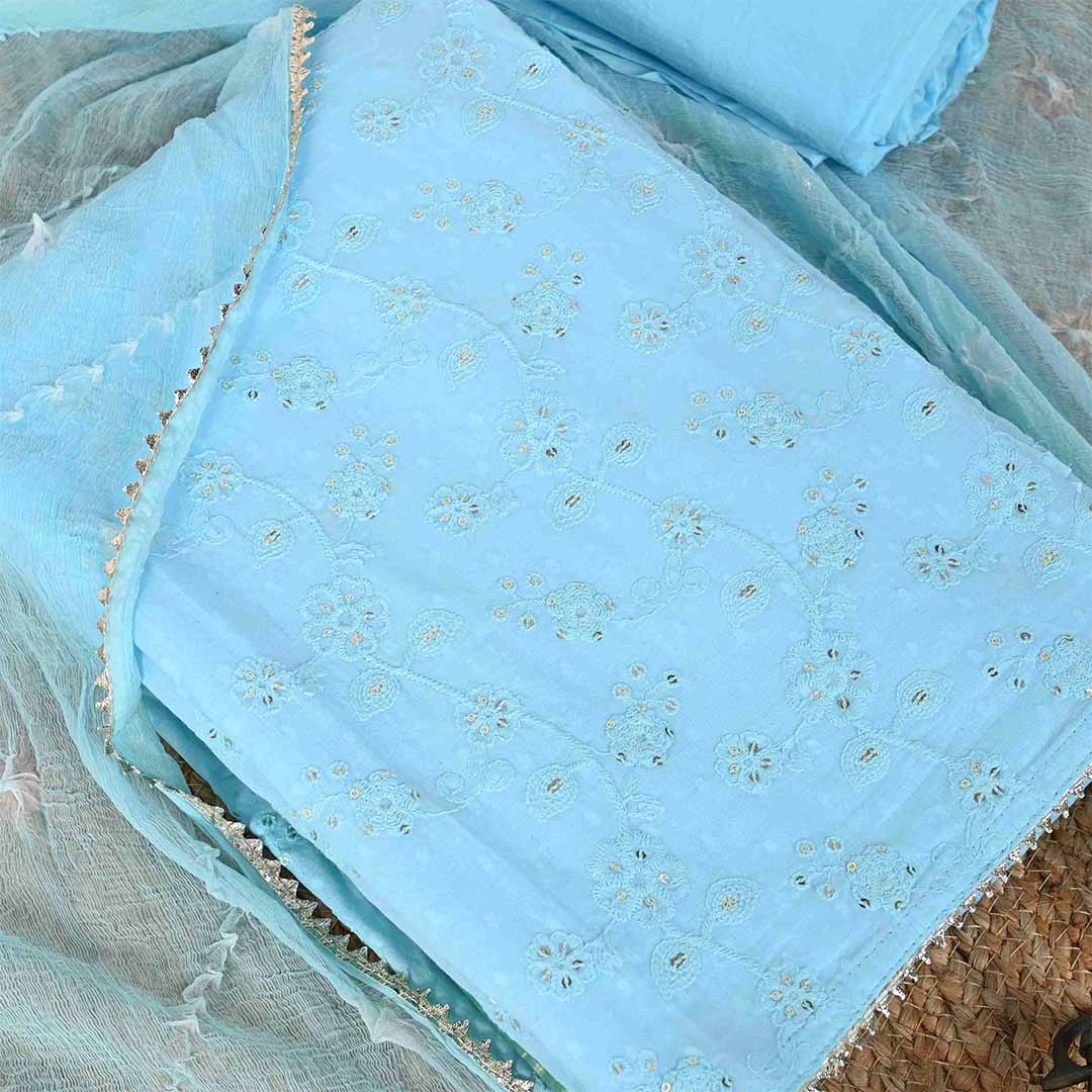 Firozi Embroidery Unstitched Cotton Jaipuri Salwar Suit With Chiffon Dupatta
