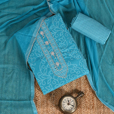 Firozi Rai Bandhej Unstitched Cotton Jaipuri Suit With Chiffon Dupatta