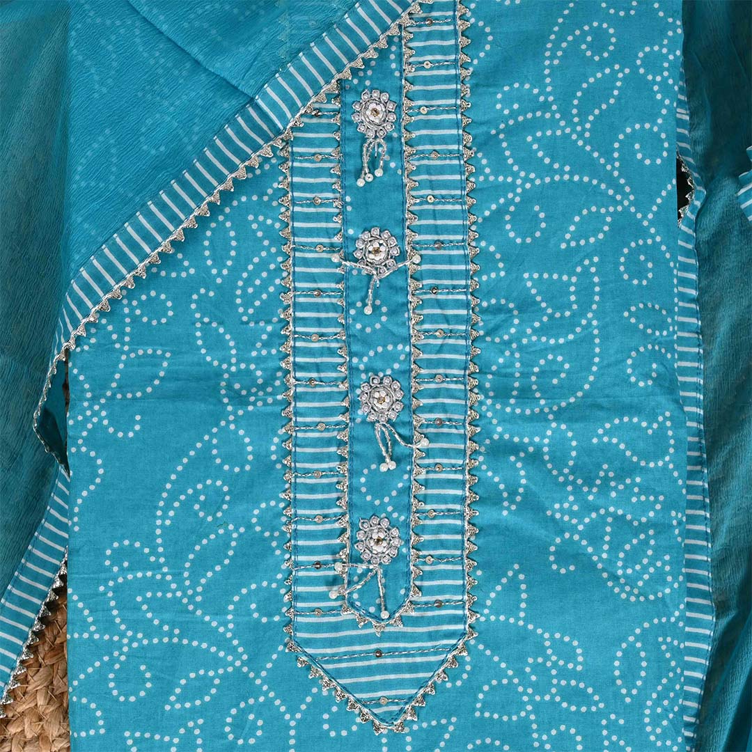 Firozi Rai Bandhej Unstitched Cotton Jaipuri Suit With Chiffon Dupatta