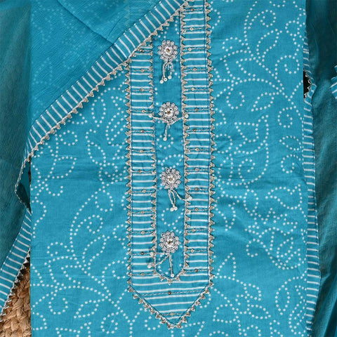Firozi Rai Bandhej Unstitched Cotton Jaipuri Suit With Chiffon Dupatta