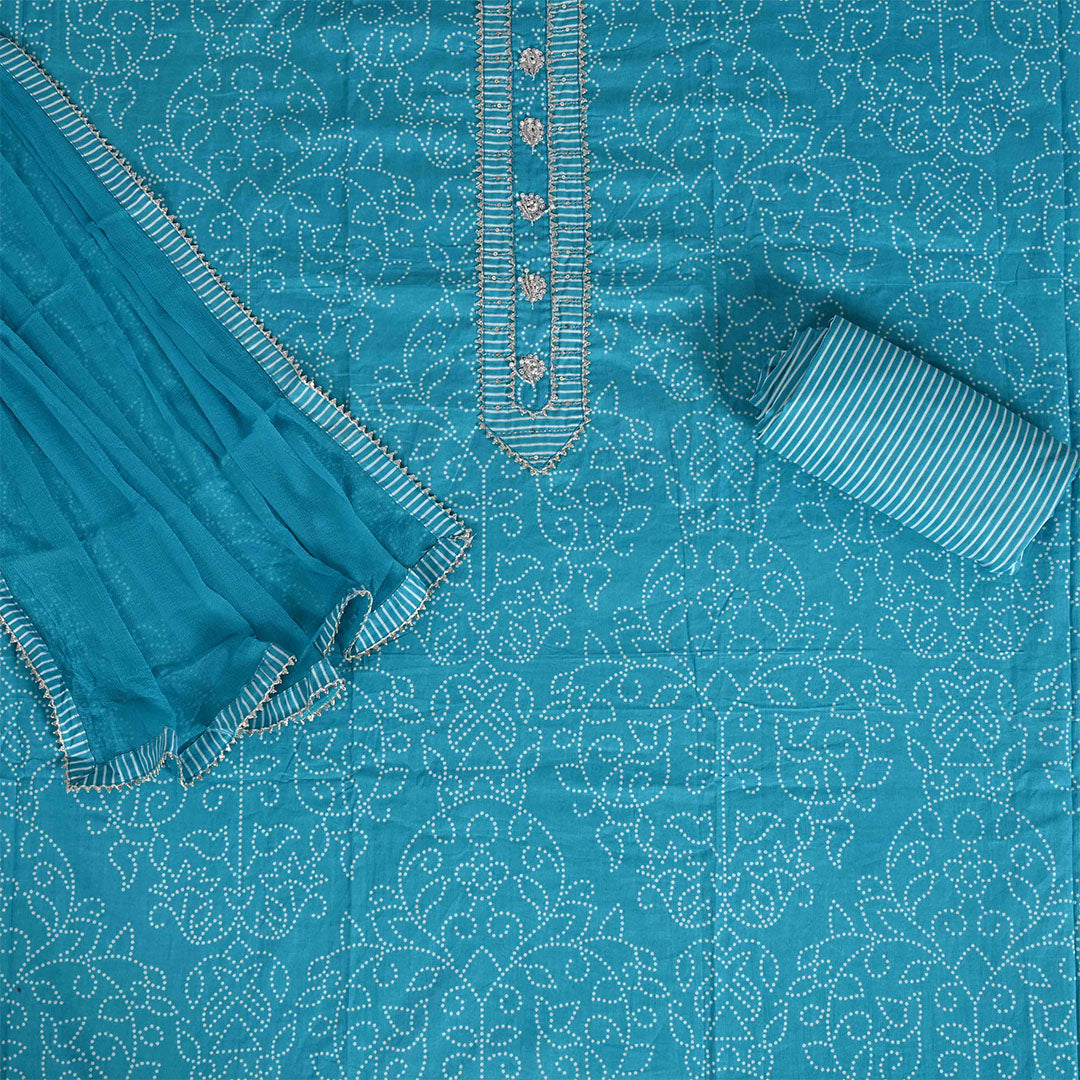 Firozi Rai Bandhej Unstitched Cotton Jaipuri Suit With Chiffon Dupatta