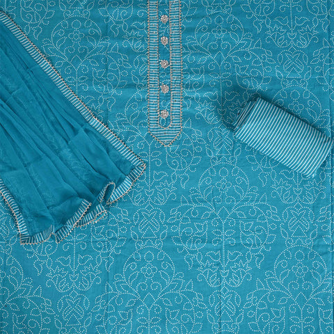 Firozi Rai Bandhej Unstitched Cotton Jaipuri Suit With Chiffon Dupatta