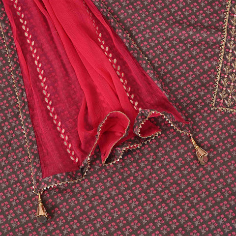 Flint Grey Unstitched Cotton Jaipuri Salwar Suit With Chiffon Dupatta