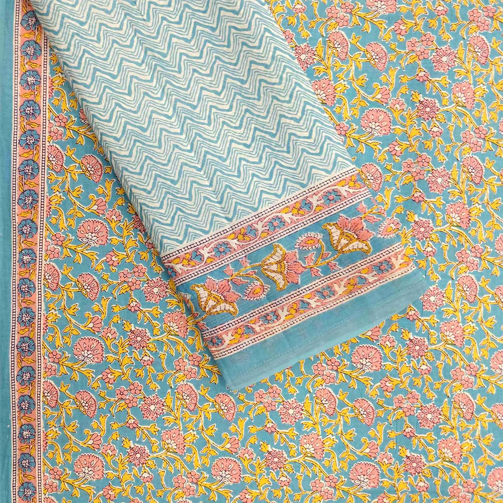 Flower Jaal Blue Unstitched Cotton Jaipuri Suit With Malmal Dupatta