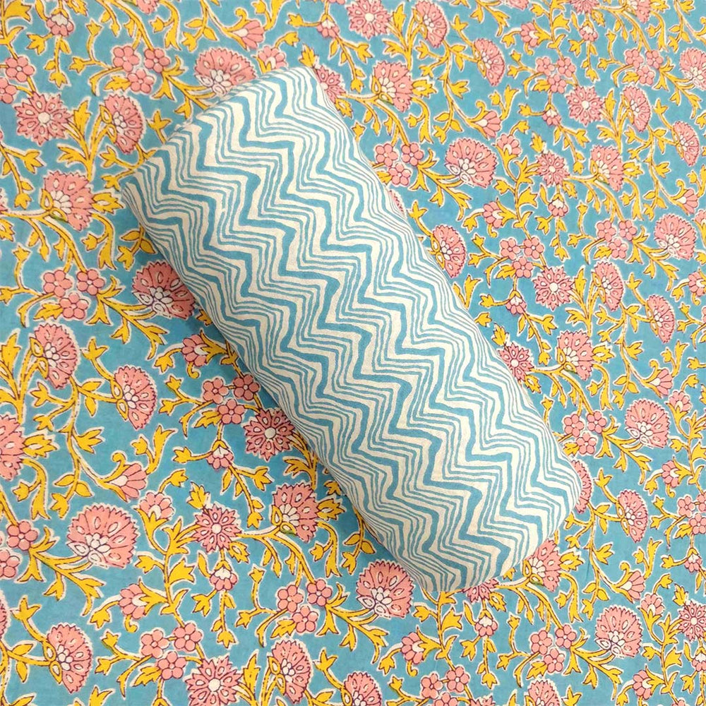 Flower Jaal Blue Unstitched Cotton Jaipuri Suit With Malmal Dupatta