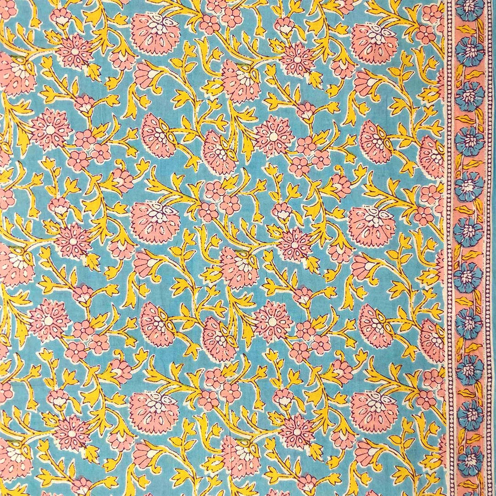 Flower Jaal Blue Unstitched Cotton Jaipuri Suit With Malmal Dupatta