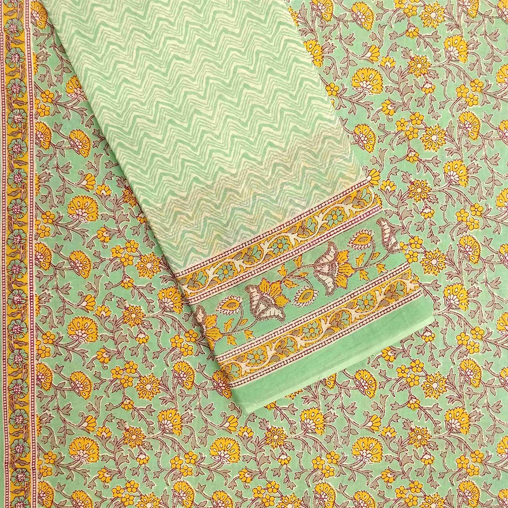 Flower Jaal Mint Unstitched Cotton Rajasthani Salwar Suit With Malmal Dupatta