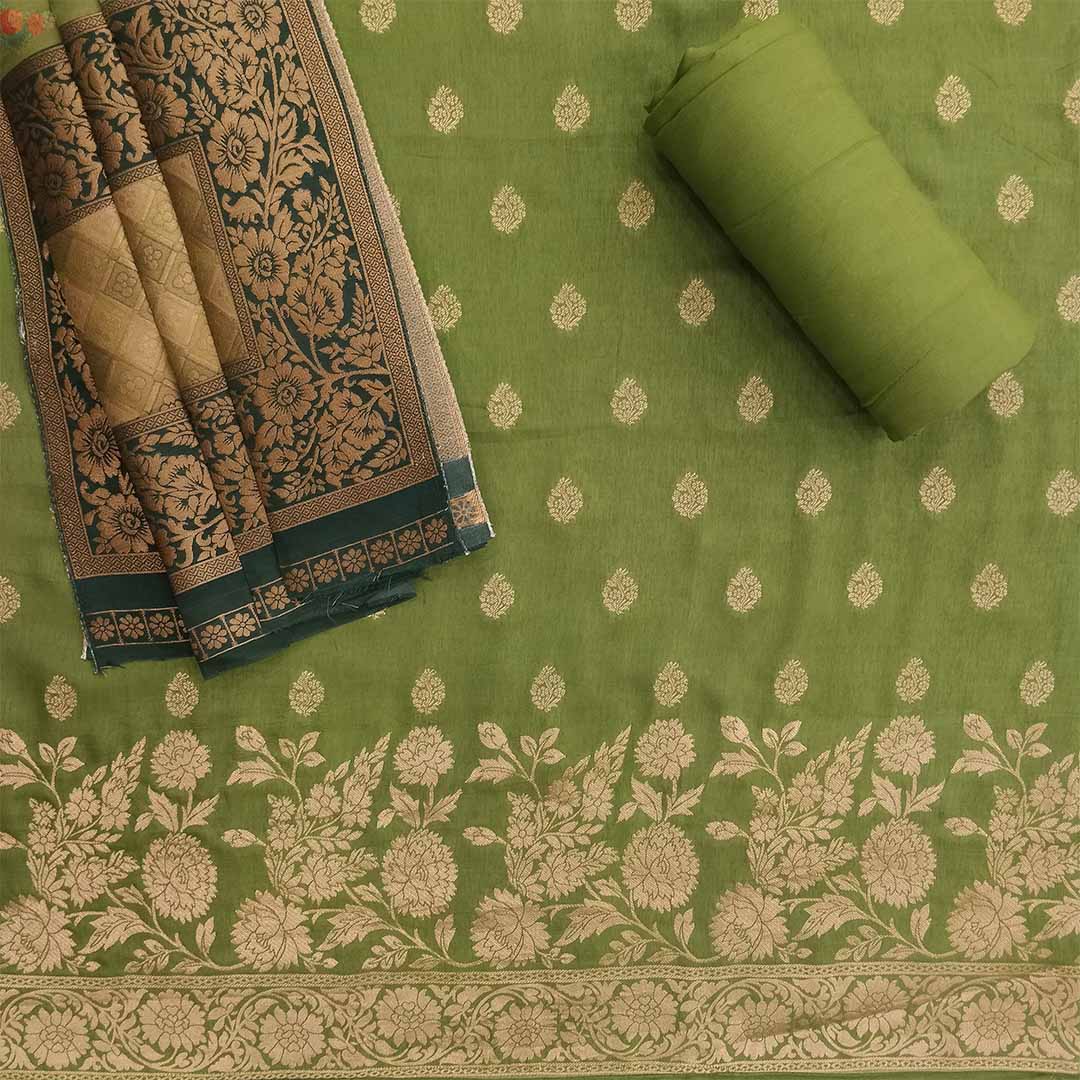 Forest Green Unstitched Silk Salwar Suit With Dupatta