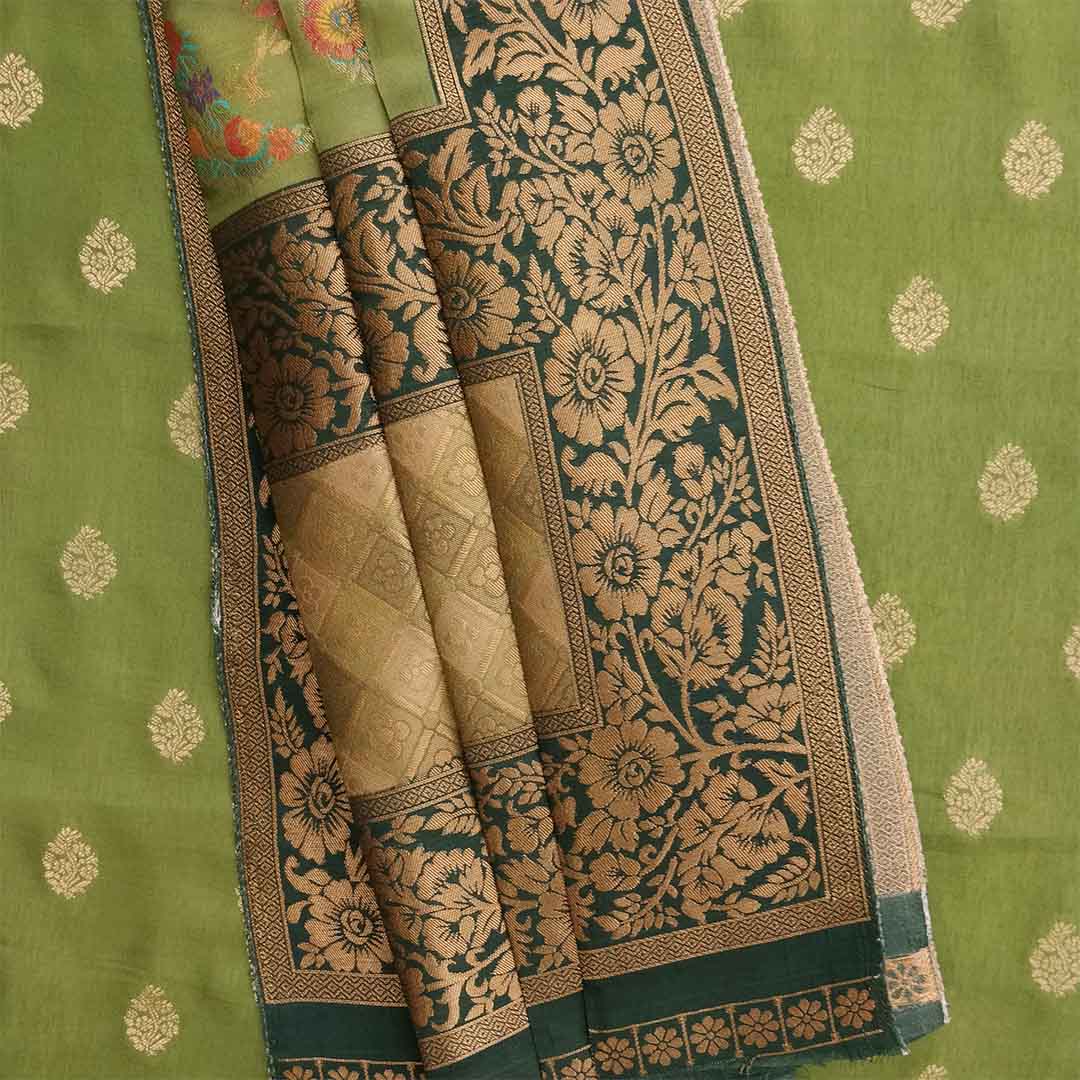 Forest Green Unstitched Silk Salwar Suit With Dupatta