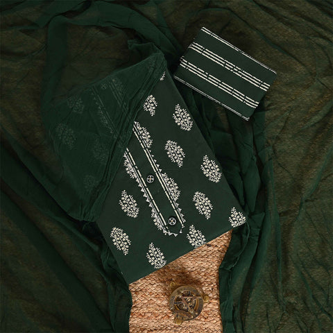 Forrest Green Unstitched Cotton Jaipuri Suit Set With Chiffon Dupatta