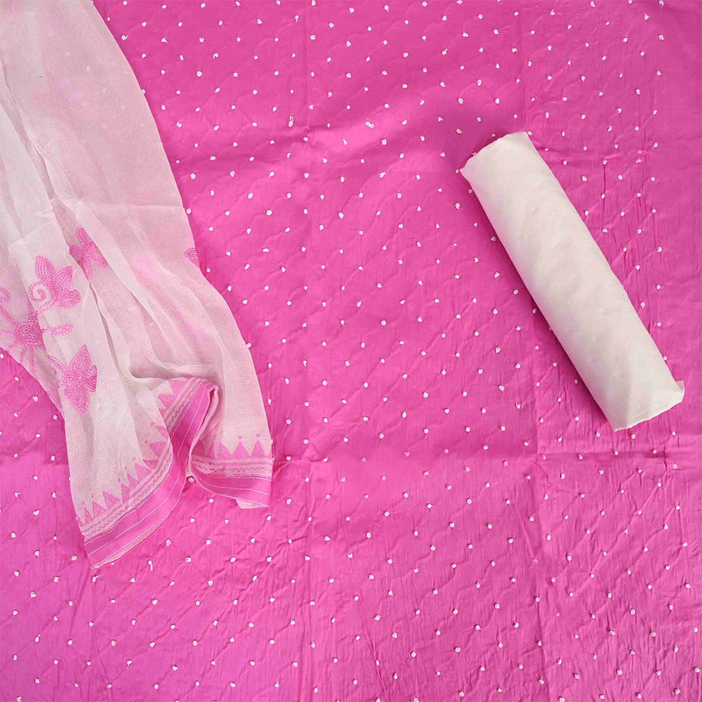 French Knot Pink Unstitched Cotton Rajasthani Salwar Suit With Chiffon Dupatta