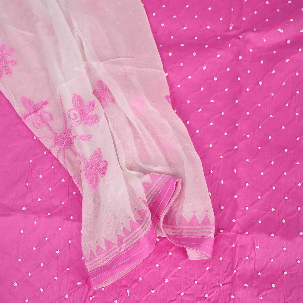 French Knot Pink Unstitched Cotton Rajasthani Salwar Suit With Chiffon Dupatta