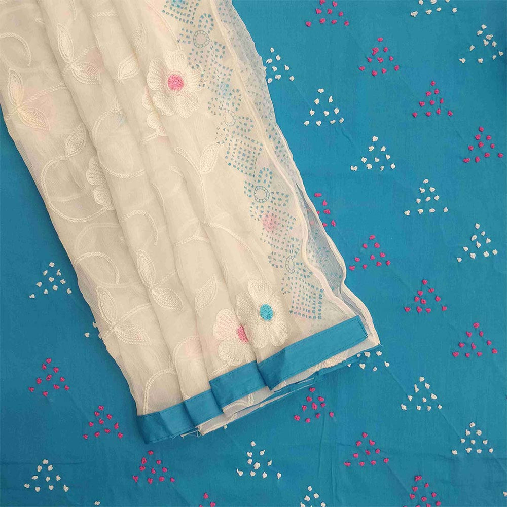 French Knot Sky Unstitched Cotton Jaipuri Salwar Suit With Chiffon Dupatta