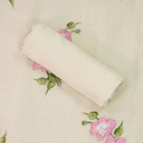 Frosty Cream Hand Painted Unstitched Organza Jaipuri Suit Set With Dupatta