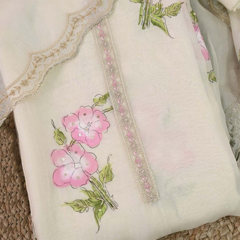 Frosty Cream Hand Painted Unstitched Organza Jaipuri Suit Set With Dupatta