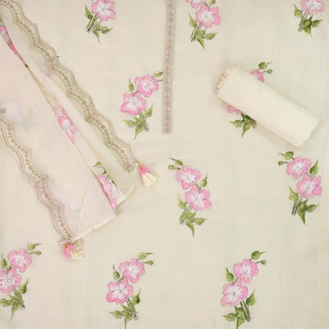 Frosty Cream Hand Painted Unstitched Organza Jaipuri Suit Set With Dupatta