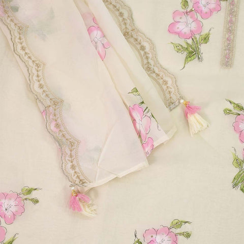 Frosty Cream Hand Painted Unstitched Organza Jaipuri Suit Set With Dupatta