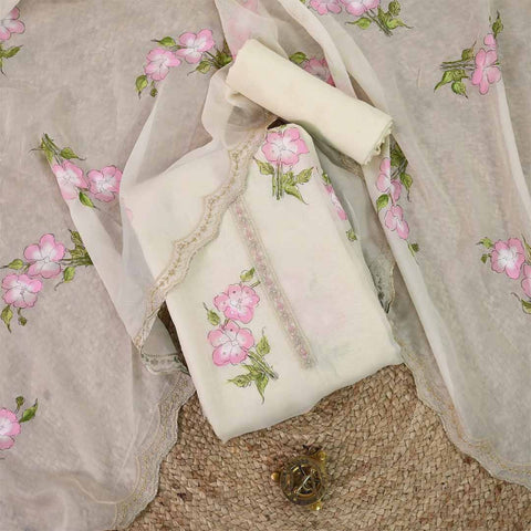 Frosty Cream Hand Painted Unstitched Organza Jaipuri Suit Set With Dupatta