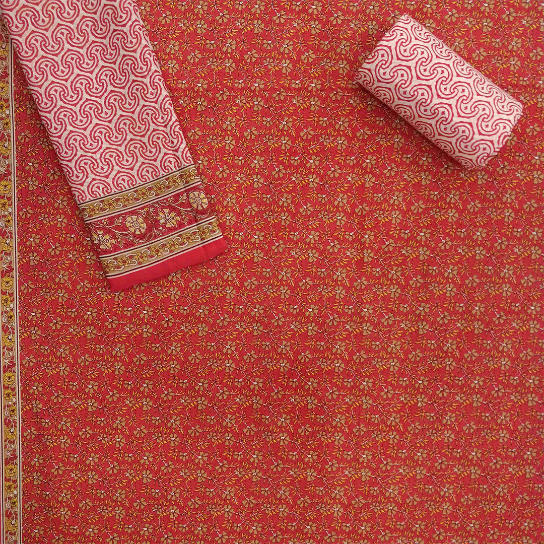 Garden Carrot Unstitched Cotton Rajasthani Suit Set With Malmal Dupatta